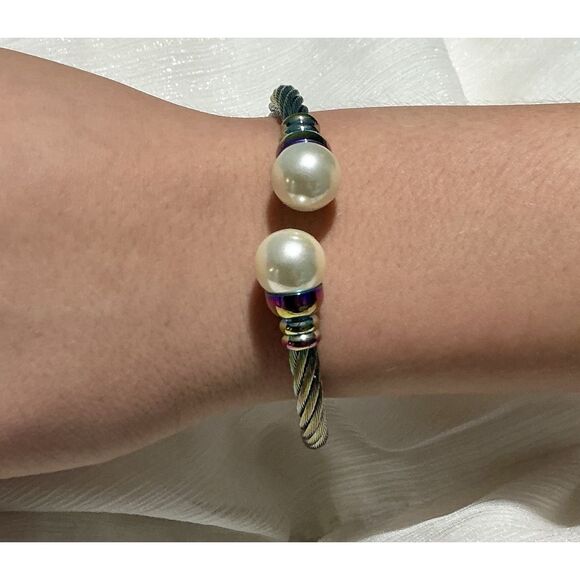 🌈 Iridescent Pearl Cuff Bracelet – Stainless Steel Rainbow Cable Design” - Picture 6 of 16